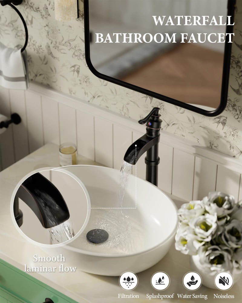 Homevacious Oil Rubbed Bronze Waterfall Vessel Sink Tall Black Single Handle Bath Basin Farmhouse with Pop Up Drain Assembly Lavatory One Hole Mixer Tap Without Overflow - Image 2